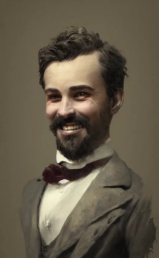 Prompt: Portrait of a cheerful victorian aristocrat, male, happy, detailed face, 19th century, highly detailed, cinematic lighting, digital art painting by greg rutkowski
