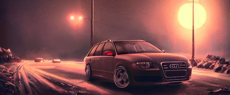 Image similar to Audi A4 B6 Avant (2002), a gritty neo-noir, dramatic bright lighting, cinematic, establishing shot, extremely high detail, photorealistic, cinematic lighting, artstation, by simon stalenhag, Snowy mountain road, At night