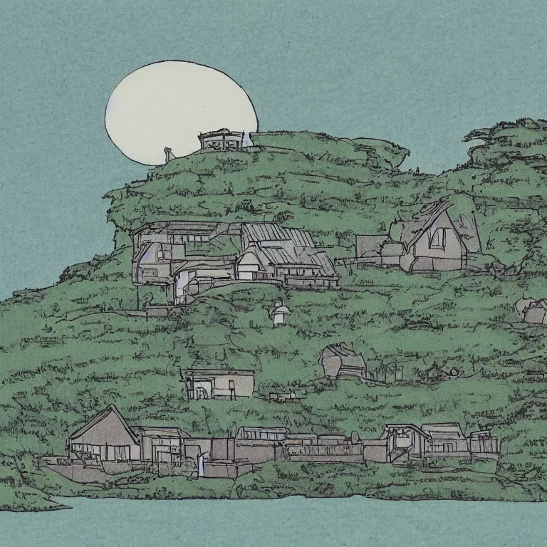 Image similar to drawing of a house on a hill overlooking a body of water, a comic book panel by hayao miyazaki, featured on tumblr, neo - romanticism, wallpaper, minimalistic