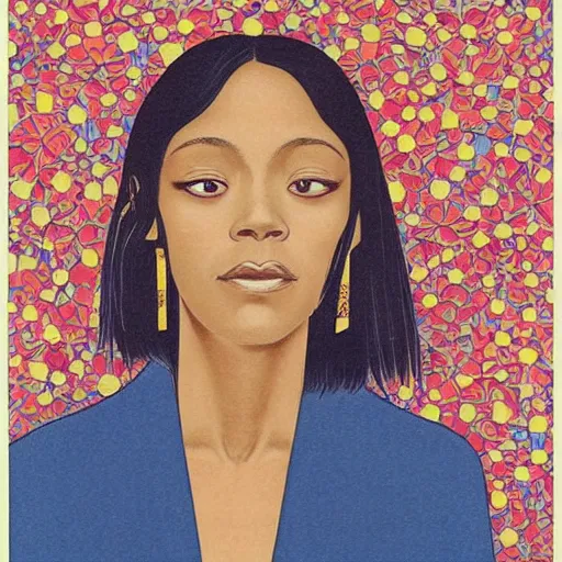 Image similar to “ zoe saldana portrait by ikenaga yasunari and ayana otake and ko rakusui, 6 0 s poster, drawing, realistic, sharp focus, japanese, dreamy, nostalgia, faded, golden hues, floral clothes ”