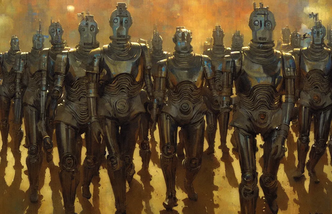 Image similar to march of the cybermen, detailed painting, epic lighting, by ilya repin, phil hale and kent williams