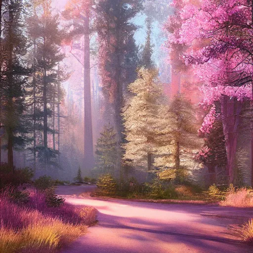 Image similar to solace hermatige cottage peaceful clouds beautiful woods trees pine, nice view, gradient of pink and blue, mystical realistic poster with shaded lighting by craig mallismo, artgerm, jeremy lipkin and michael garmash, unreal engine, radiant light, detailed and complex environment city utopia