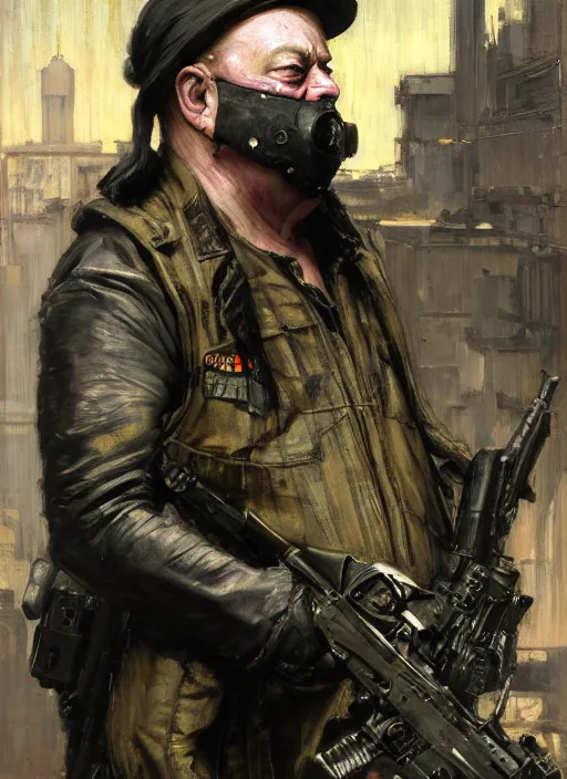 Image similar to winston churchill. cyberpunk mercenary with tattoos wearing a military vest and combat jumpsuit. (Cyberpunk 2077, bladerunner 2049). Iranian orientalist portrait by john william waterhouse and Edwin Longsden Long and Theodore Ralli and Nasreddine Dinet, oil on canvas. Cinematic, hyper realism, realistic proportions, dramatic lighting, high detail 4k