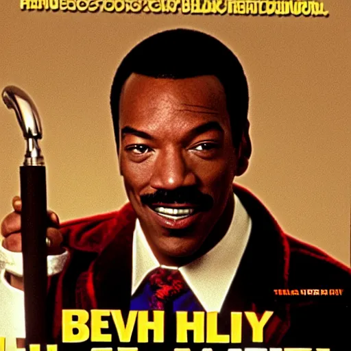 Prompt: a 8 0's movie poster starring eddie murphy as a plumber for rich people. he's in a bathroom holding a toliet plunger. he's leaning into a toliet the movie is titled beverly hills crap