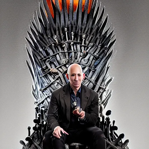 Image similar to jeff bezos as voldemort sitting on the iron throne, au naturel, hyper detailed, digital art, trending in artstation, cinematic lighting, studio quality, smooth render, unreal engine 5 rendered, octane rendered, art style by klimt and nixeu and ian sprigger and wlop and krenz cushart.