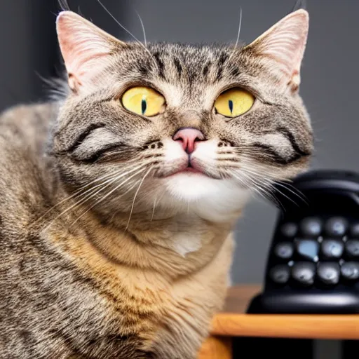 Image similar to photo of an andromorphic cat making an angry telephone call to tec - support