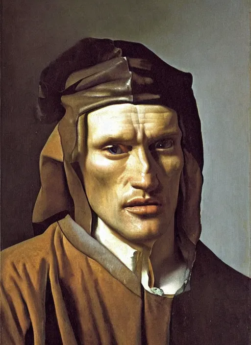 Prompt: portrait of dolph lundgren, oil painting by johannes vermeer, 1 7 th century, art, oil on canvas, wet - on - wet technique, realistic, expressive emotions, intricate textures, illusionistic detail