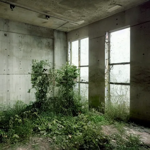 Image similar to an abandoned room in a concrete building, few overgrown plants, dreamy, overcast, by hans bellmer