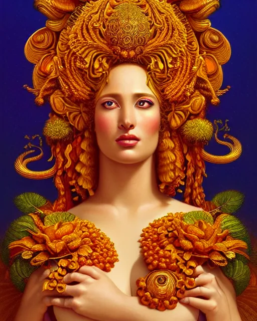 Image similar to portrait of the goddess of golden fire, unusual beauty, flowers and plants, emotionally evoking symbolic metaphors, head in focus, fantasy, ornamental, intricate, elegant, sensual, highly detailed digital painting, artstation, concept art, painterly, golden ratio, sharp focus, illustration, art by John William Godward and Boris Vallejo and Zdzisław Beksiński,