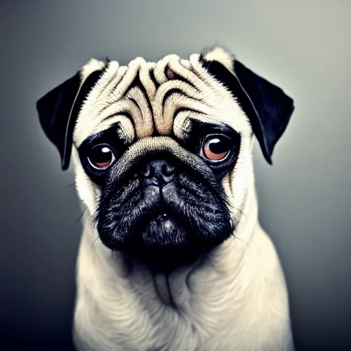 Image similar to portrait of a pug with an emo haircut with bangs, studio photo, album cover, well lit,