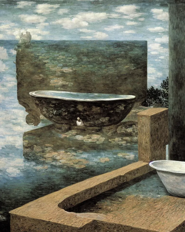 Image similar to achingly beautiful painting of an ancient roman bathtub by rene magritte, monet, and turner. piranesi.