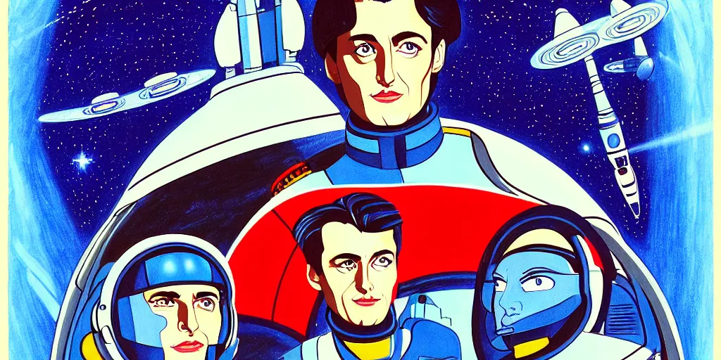 Image similar to traditional drawn colorful animation a symmetrical portrait of Alain Delon Stallone pilot in posing in spaceship station planet captain bridge, сomet tail, outer worlds, robots, extraterrestrial hyper contrast well drawn in Jean Henri Gaston Giraud animation film The Masters of Time FANTASTIC PLANET La planète sauvage animation by René Laloux