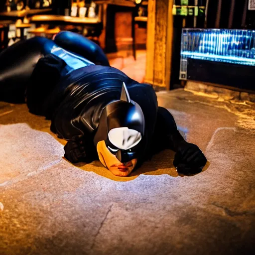 Image similar to batman lying on the floor in a pub, 8 k photography, golden hour