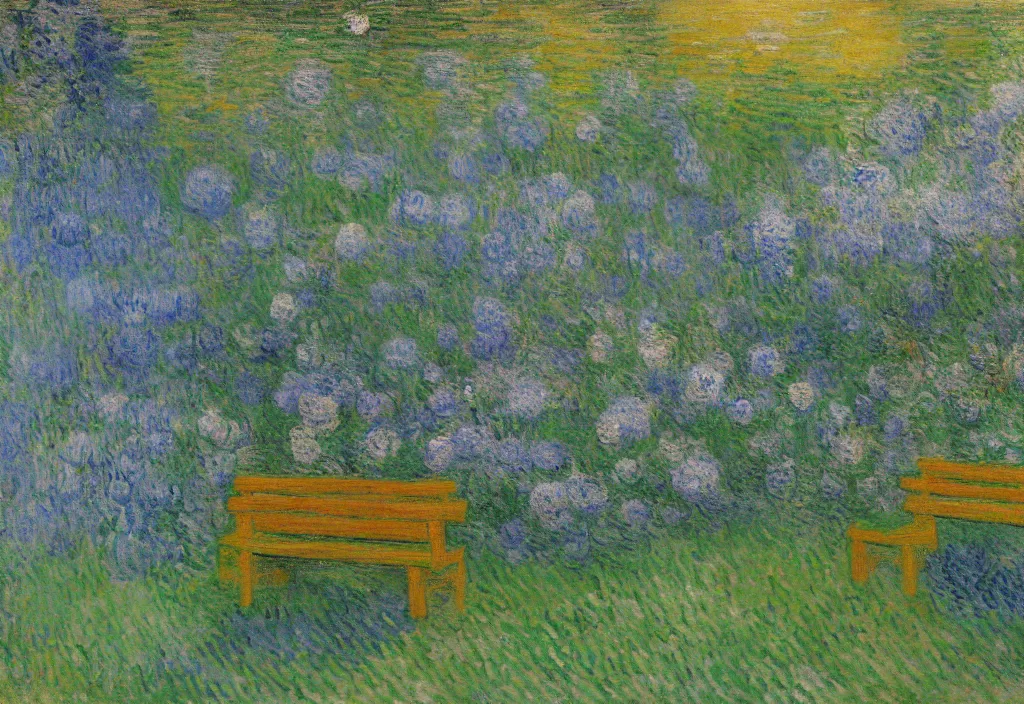 Prompt: a landscape portrait on the moon of an ethereal garden with a wooden bench in the middle , Monet and Vincent van Gogh