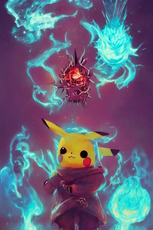 Image similar to the look of pikachu, necromancer witch - doctor covered with ice exploding into fire, electricity highly detailed, high contrast, light reflection, trippy, nebula, trending on artstation by artgem, by peter mohrbacher, by wlop, by ruan jia