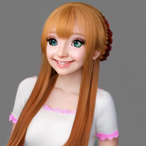 Image similar to Render of Nikki from Shining Nikki Dress-Up Game, a cute 3D young woman, long light pink hair, full bangs, full round face, hazel amber eyes, pale skin, cute freckles, light blush, Chinese heritage, smiling softly, wearing casual clothing, interior lighting, cozy living room background, medium shot, mid-shot, hyperdetailed, trending on Artstation, Unreal Engine 4k