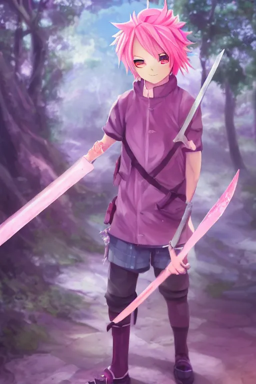 Prompt: a beautiful fullbody portrait of a cute male anime boy with pink hair, wearing a cool outfit, barefoot, wielding a sword in battle position, in a forest, at night. ambient occlusion, volumetric light, detailed, realistic, fantasy character, rendered in octane