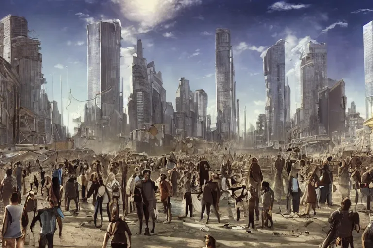 Prompt: Post-apocalyptic city scene with a blue sky and a crowd of people