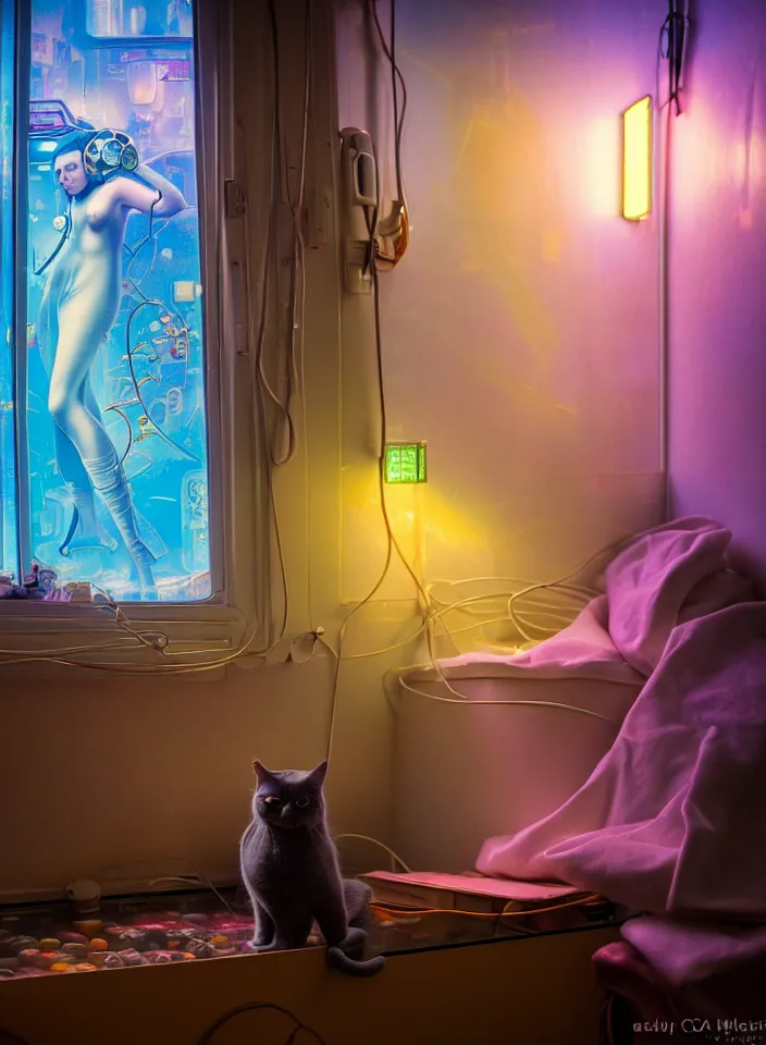 Image similar to telephoto 7 0 mm f / 2. 8 iso 2 0 0 photograph depicting the feeling of chrysalism in a cosy safe cluttered french sci - fi ( ( art nouveau ) ) cyberpunk apartment in a pastel dreamstate art cinema style. ( cat ) ( ( fish tank ) ), ambient light.