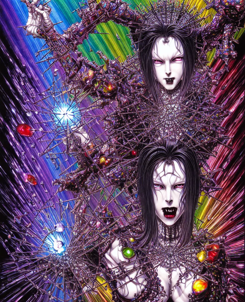 Prompt: realistic detailed image of ultra wrathful rainbow diamond nightmare scientist mega hellraiser depth perception depth of field action horror masterpiece neo - gothic gothic rich deep colors art by yoshitaka amano by yukito kishiro by yoshiyuki sadamoto by artgerm by hajime sorayama