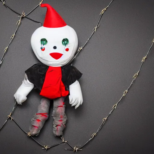 Prompt: freaky scary clown plush wrapped in barbed wire and networking cables against a dark grey silk backdrop