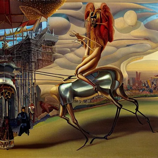 Image similar to an extremely long and spindly mechanical horse in a futuristic victorian city, oil painting, style of salvador dali and richard dadd