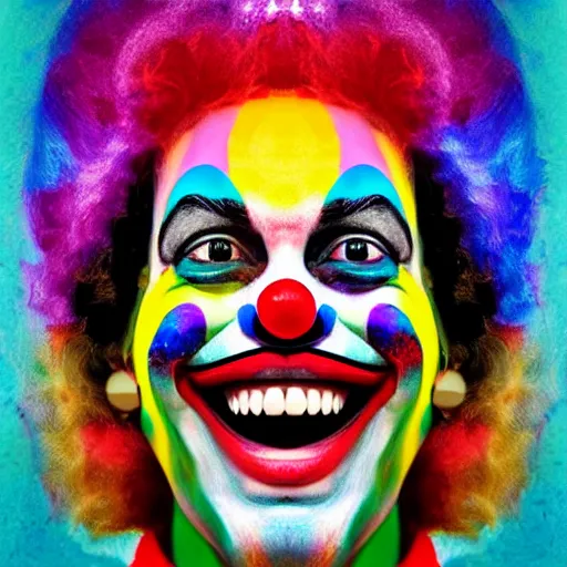 Image similar to Portrait of a colorful happy joyful clown, crazy, digital art masterpiece