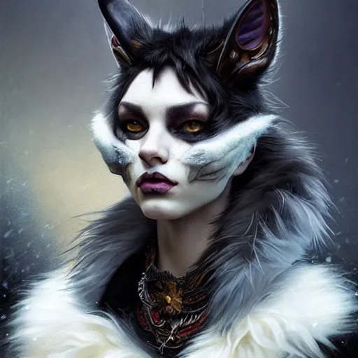 Image similar to portrait painting of a punk catfolk bard with green eyes and snow white fur, ultra realistic, concept art, intricate details, eerie, highly detailed, photorealistic, octane render, 8 k, unreal engine. art by artgerm and greg rutkowski and charlie bowater and magali villeneuve and alphonse mucha