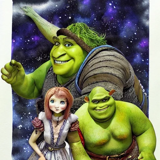 Prompt: Shrek 2 illustrated by Yoshitaka Amano highly detailed watercolor
