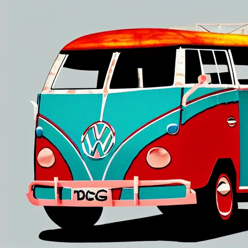 Image similar to jerry garcia (driving a Volkswagen bus) waving, detailed, realistic