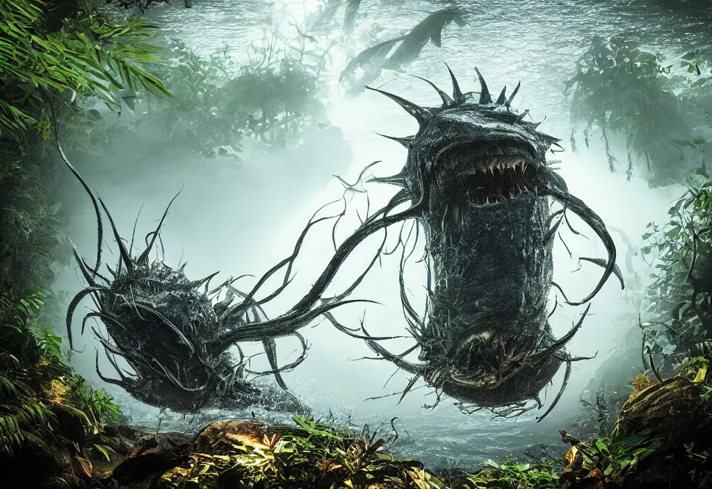 Prompt: an giant angler fish king emerging from the waters, in a jungle, ominous light from above, ambient light, fog, river, very poetic