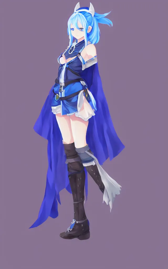 Prompt: a blue-haired traveller, alchemist girl, short hair, wearing a headband, short pale tunic and white stockings, high boots, azure cape, anime character; in the Japanese fantasy videogame; character concept art; trending on artstation, highly detailed, clean lineart