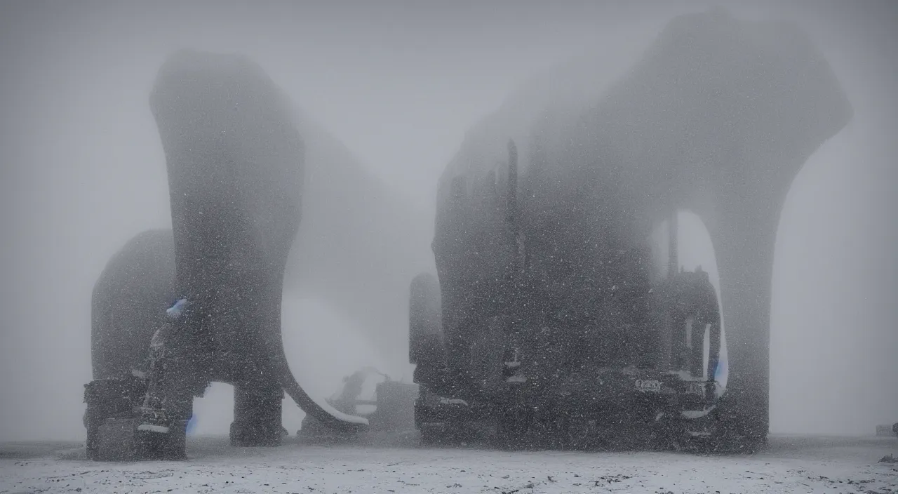 Prompt: “photo of one biomechanical mammoth in an arctic storm with fog and blizzard, the mammoth drags old coal wagons with snow, it's a sunset photo with cold tones, some people around ”