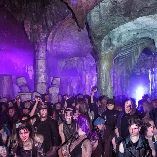 Image similar to crowded nightclub in the mines of moria, huge stone pillars, lights, goths and cyberpunks