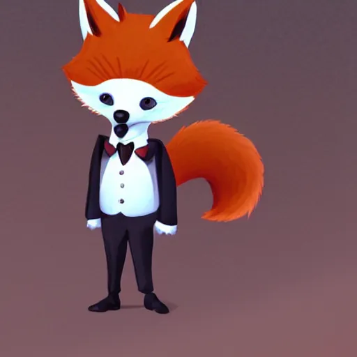 Image similar to anthropomorphic furry fox wearing a tuxedo stands on a train station ,detailed, Artstation