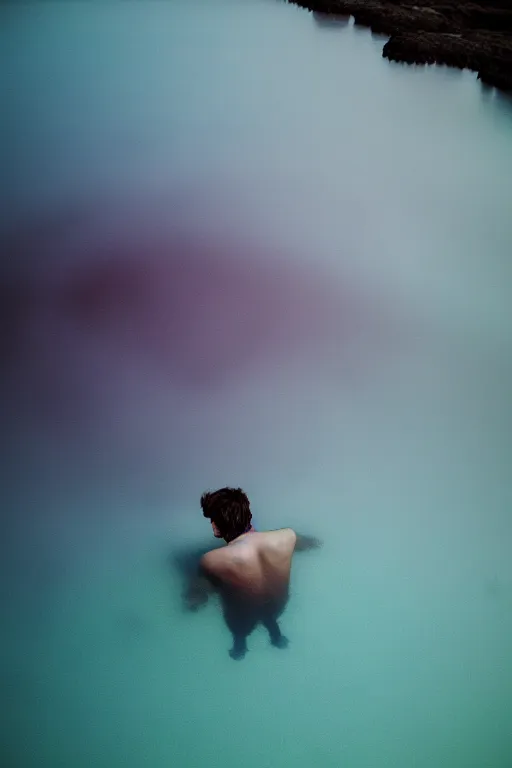 Prompt: high quality pastel coloured film mid angle docu photograph of a beautiful young 2 0 year old male, soft features, short black hair, resting in an icelandic black rock pool environment. atmospheric. three point light. photographic. art directed. ( pastel colours ). volumetric light. clearcoat. waves glitch. 8 k. filmic.