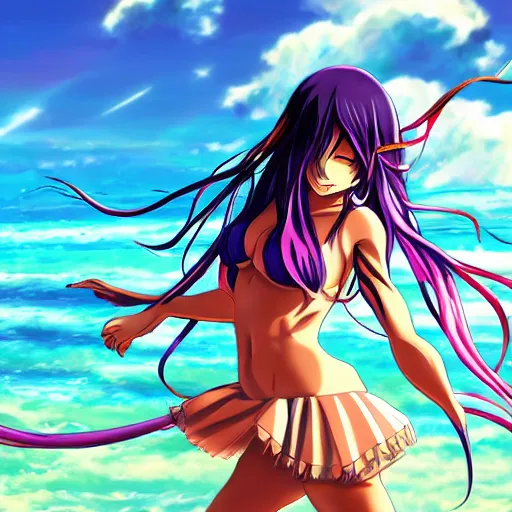 Image similar to anime style, vivid, expressive, full body, 4 k, painting, a cute magical woman with a long wavy black hair at beach, stunning, realistic light and shadow effects, centered, simple background, ikki tousen