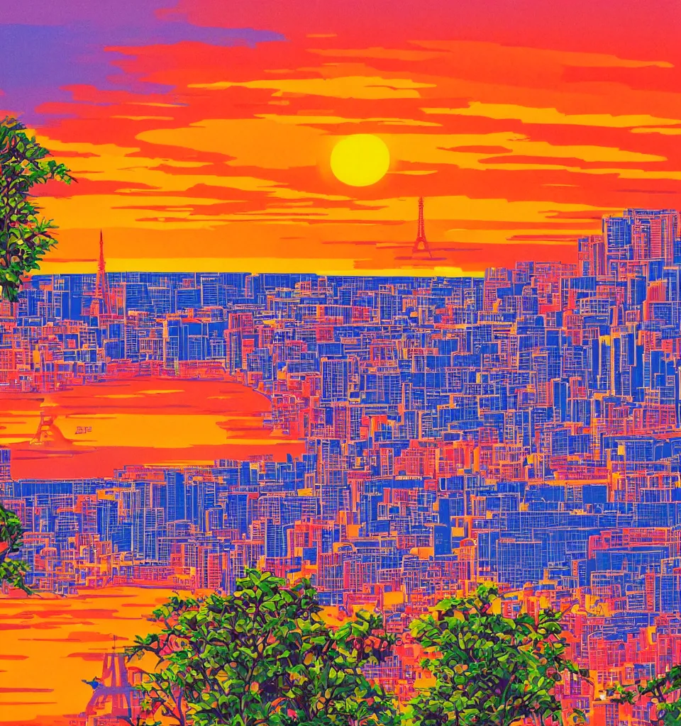 Prompt: gorgeous romantic sunset, cliffside onlooking the beautiful city of paris, warm colors, tropical, in the style of hiroshi nagai, very detailed, tropical, 8 0 s