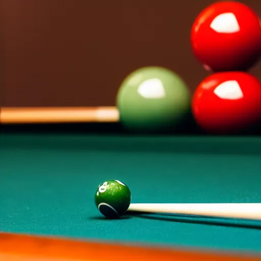 Prompt: Billiard balls on a billiard table, photograph, Sigma 85mm f/1.4, award winning