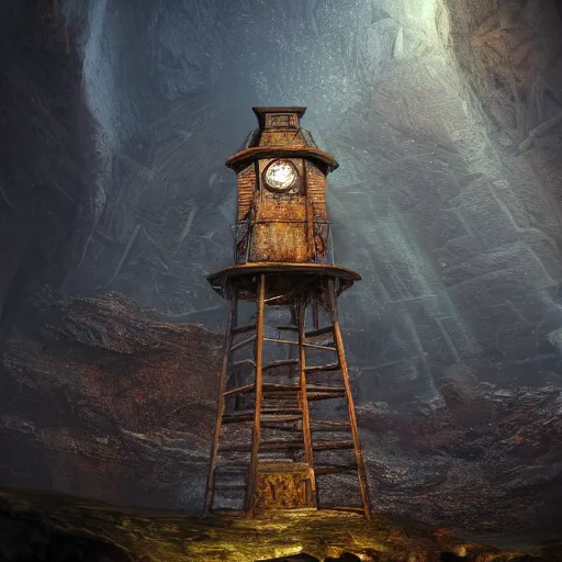 Prompt: an abandoned old rusty clocktower in a dark enormous cave dream photography, painting, perfectly balanced light, digital art, unreal engine, trending on artstation,