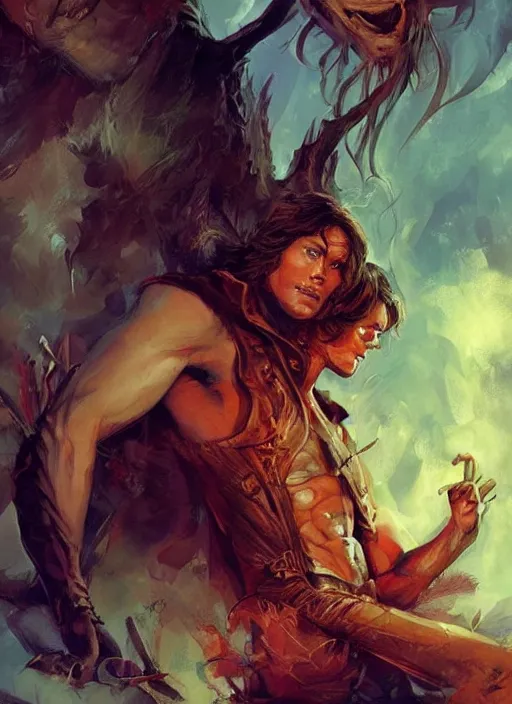 Image similar to sam winchester in a bodice - ripper romantic book cover illustration art by peter andrew jones, artgerm, wlop. fantasy style, sharp focus!, ultra detailed,