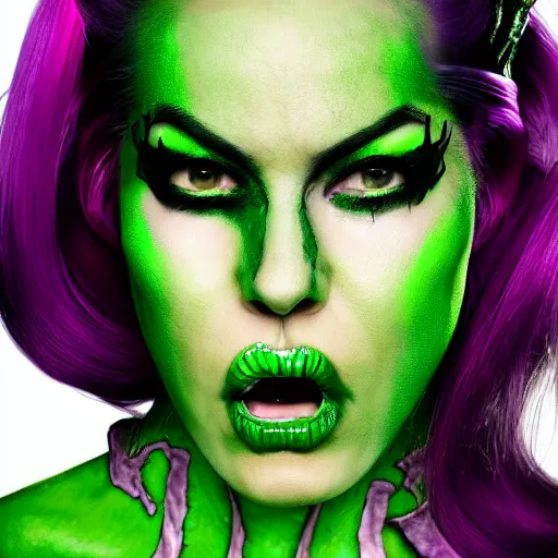 Image similar to a portrait photo of a poison themed female villain, glowing green, poison dripping, poison teeth, detailed character design, symmetrical face, purple highlights