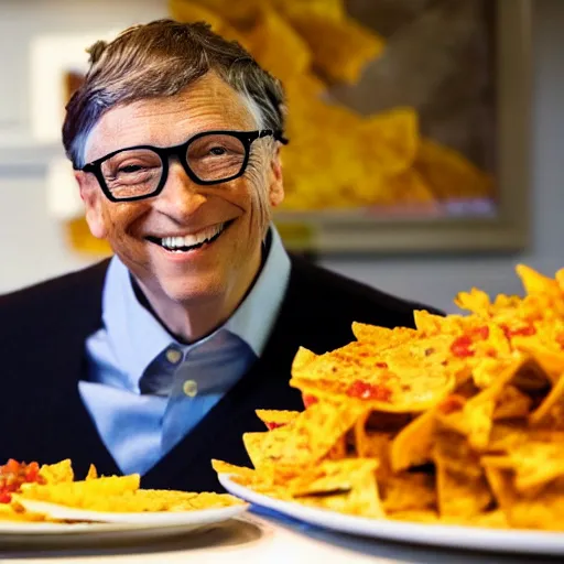 Prompt: bill gates smiling down at a huge plate of cheesy nachos, candid photography