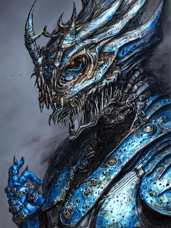 Image similar to portrait art of 8k ultra realistic blue Dragonborn, detailed intricate ornate armour,decaying, cybernetic, full of colour, cinematic lighting, battered, trending on artstation, 4k, hyperrealistic, focused, extreme details,unreal engine 5, cinematic, masterpiece, art by ayami kojima, giger