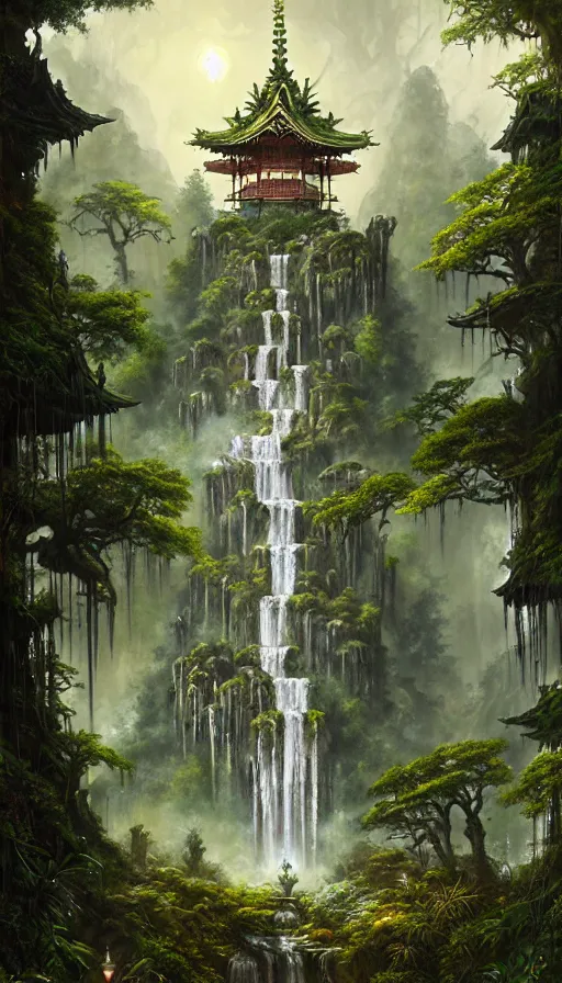 Image similar to gothic towers, Japanese shrine waterfall, gold and gems, lush vegetation, forest landscape, painted by tom bagshaw, raphael lacoste, eddie mendoza, alex ross concept art matte painting