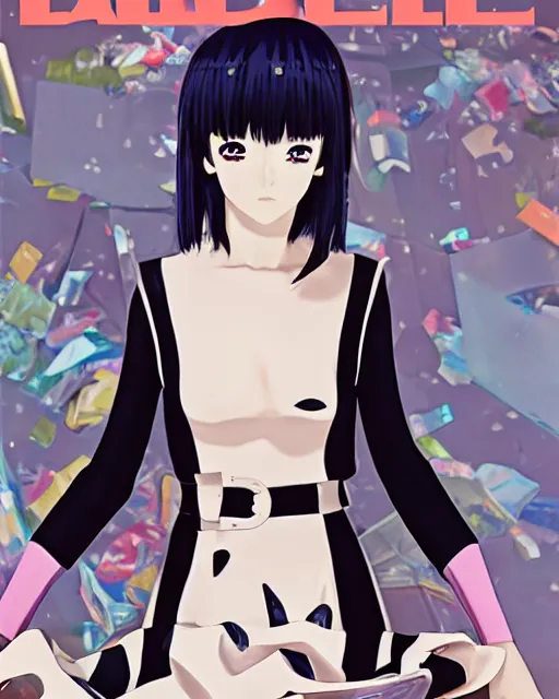 Image similar to anime girl wearing balenciaga, magazine cover, ufo table,
