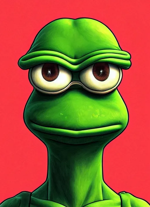 Image similar to depressed pepe the frog!!!, sad, portrait, intricat, highly detailed, digital painting, artstation, concept art, wallpaper, smooth, sharp focus, illustration, art by matt furie and artgerm! and greg rutkowski!! and alphonse mucha