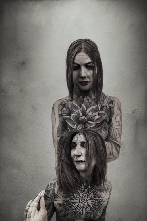 Image similar to tattooed beautiful cult woman in dress, transcendental meditation, expanding consciousness, and smiling, symmetric, dark, moody, eerie religious composition, photorealistic oil painting, post modernist layering, by Sean Yoro