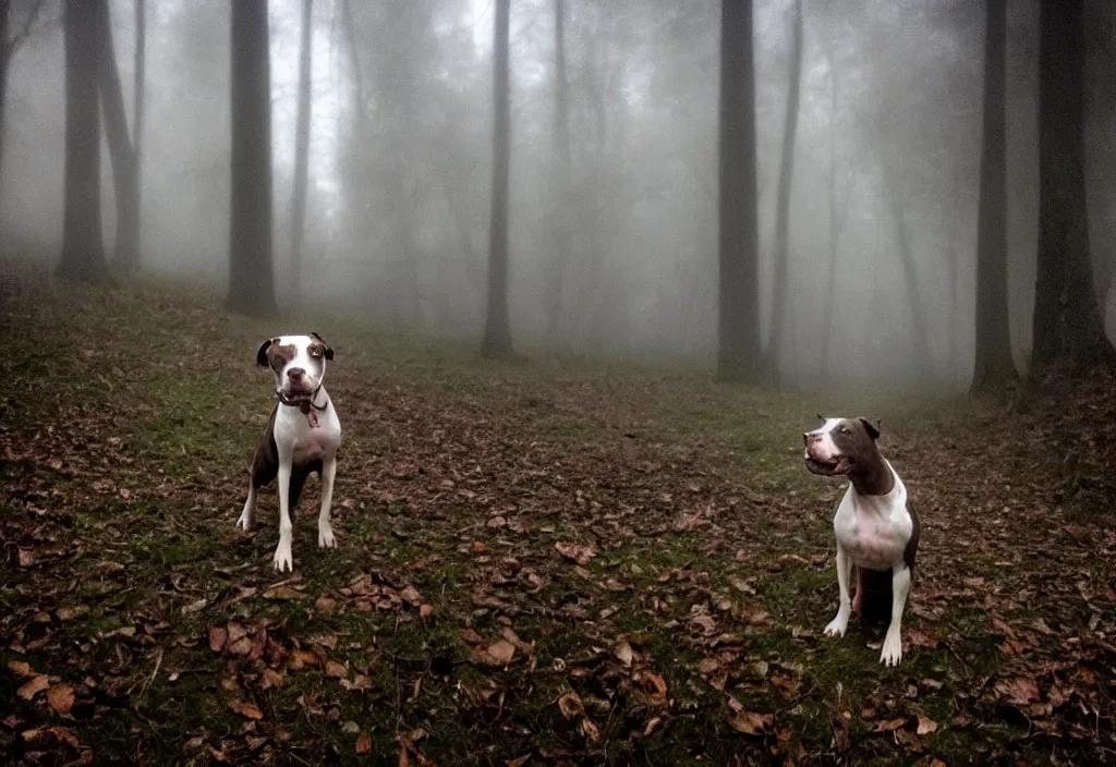 Image similar to low quality iphone photo of a cute pitbull standing ominously deep in the foggy woods with a demonic smile in his face, low visibility, grainy, creepy