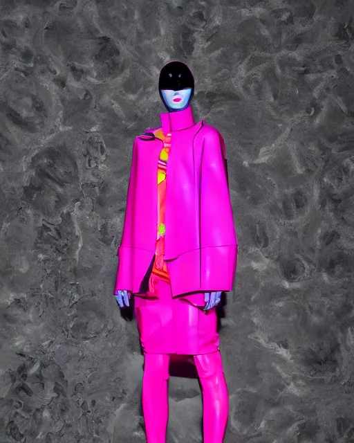 Prompt: an award winning fashion photograph of Balenciaga's fashion week 2049, cyberpunk, futuristic, Bladerunner 2049, dazzle camouflage!, dayglo pink, dayglo blue, raven black, corporate